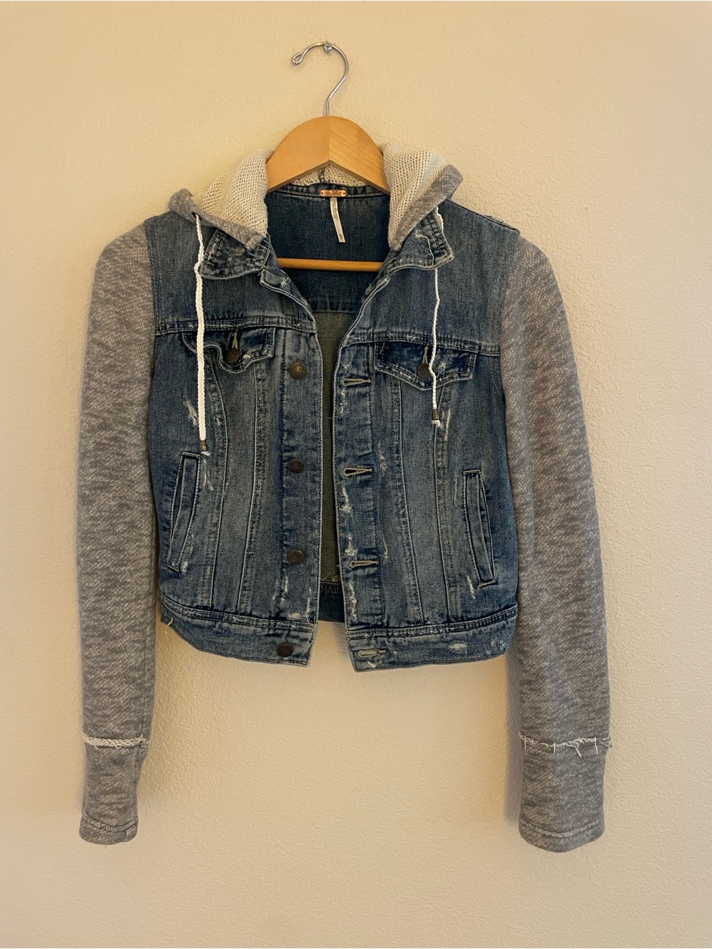 Free People Blue Denim Jean Jacket with Gray Knit Sleeves XS